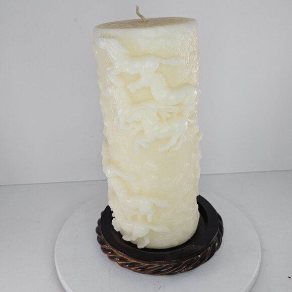Decorative White Pillar Candle With Running Horses Design - Picture 4 of 8